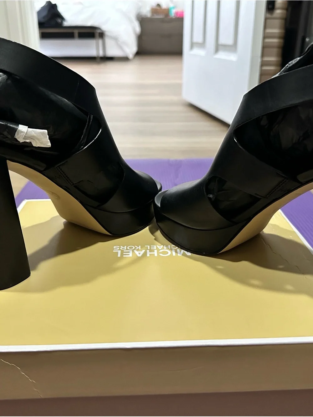MICHAEL Michael Kors Black Leather Peep-Toe Block Heel Sandal with Gold Buckle